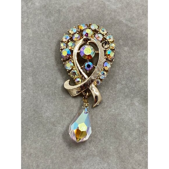 Vintage ART Gold Tone Aurora Borealis Rhinestone Brooch With Teardrop Pendant - Picture 4 of 5